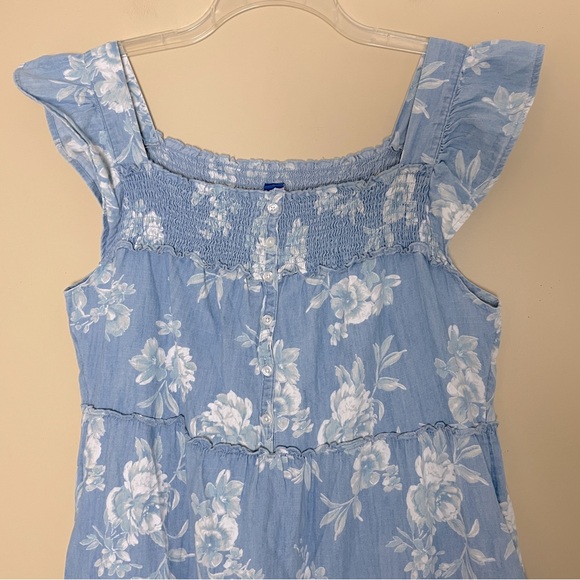 Old Navy Blue Floral Tiered Smocked Midi Dress Medium Flutter Sleeve Cottagecore - Picture 6 of 11